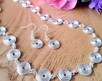 Silver Wire Wrapped Jewelry Set - Necklace and Earrings - Spiral Design