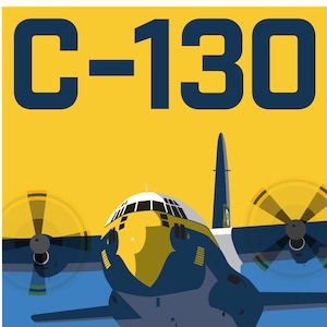 以下が含まれることがあります： C-130 ハーキュリーズ航空機が描かれたビンテージスタイルのポスター。航空機は青と黄色で、太字の黄色の文字で「C-130 ファットアルバート」と書かれている。