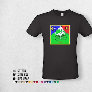 May include: Black t-shirt with a vibrant graphic of a cyclist before a mountain, with a sun, moon, and stars. The graphic includes the number "1943". Made from cotton, the t-shirt is available in sizes up to 5XL.