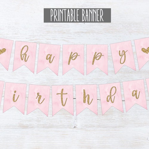 Printable Happy Birthday Banner / Pink and Gold / Instant - Etsy