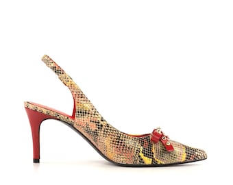 ShoeSwingers Multicolored Snakeskin Print Slingback with Gold Studded Bow.