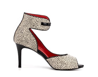 ShoeSwingers White & Black Cheetah Print Pony-Hair Peep-Toe Pump