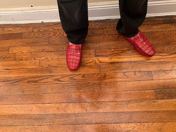 Shoeswingers Red Crocodile Printed Leather Drivers - Etsy display picture 1