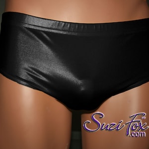 May include: Black shiny spandex briefs with a smooth, sleek finish. The briefs have a wide waistband and a low-cut leg opening.
