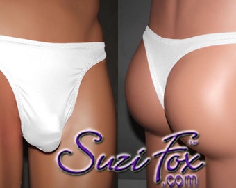 Well Endowed Men's T-back Thong With Smooth Front, Wide Straps by Suzi Fox  Shown in White Spandex 