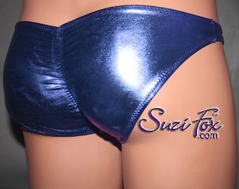 Men&#39;s Gathered Rear Brazilian bikini with Smooth Front, Wide strap by Suzi Fox - shown in Royal Blue Metallic Foil coated Spandex