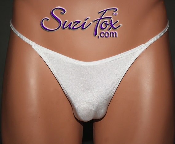 Men's T-back Thong With Smooth Front, Skinny Straps by Suzi Fox Shown in  White Spandex 