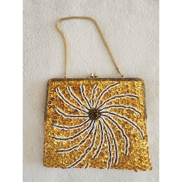 70s Vintage Womens Handbag Clutch Gold Sequins All Over Small