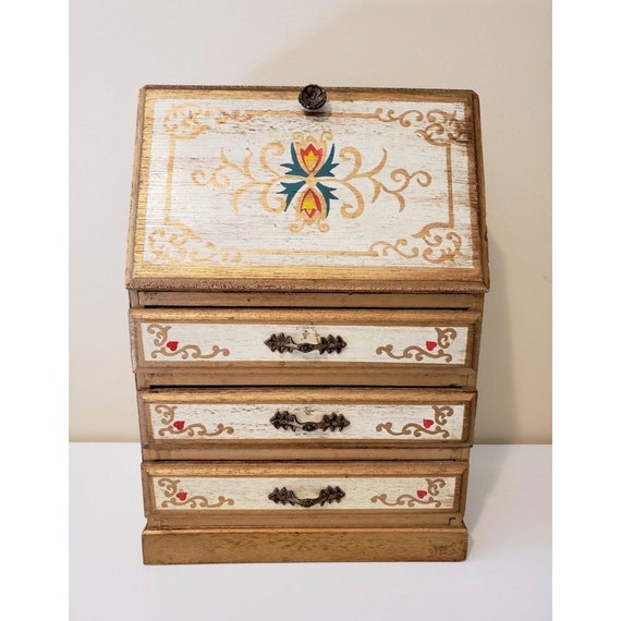 Vintage Wooden Jewelry Box Al Gold Hand Painted Made In Image 0