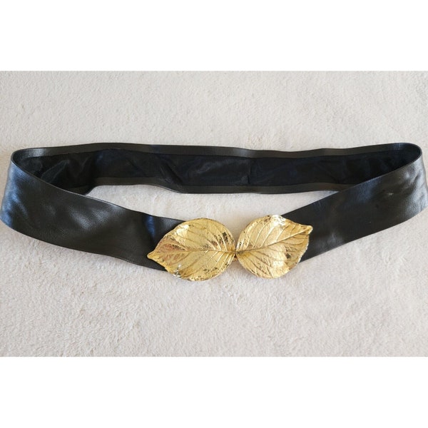 80s / 90s Vintage Womens Black Soft Leather Belt Brass Leaf Clasp