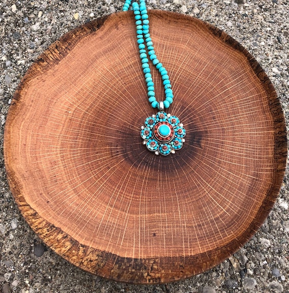 Turquoise and Red Coral Pendant