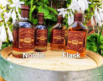 Bourbon Barrel Aged Maple Syrup; Small-batch, premium, unique, amazing flavor. Complex, rich flavor. Chemical free, all natural, sustainable