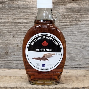 Coffee Maple Syrup 8oz; Small-batch, premium, unique, amazing flavor. Chemical free, all natural, sustainable. Perfect on vanilla ice cream!