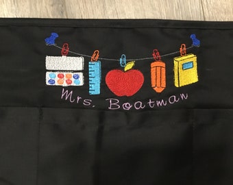 Personalized Embroidered Teacher Half Apron: Three-Pocket Waist Apron 20"W x 10"L