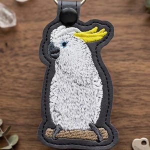 Handmade Cockatoo Embroidered Keychain, White Parrot Snap Tab Key Ring