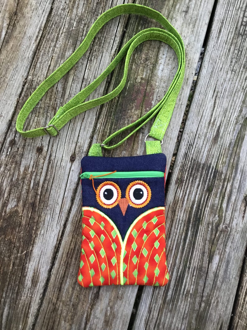 Owl embroidered small cross body bag with adjustable strap Small hipster bag. Padded smart phone pouch