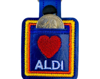 Aldi Viertel Halter Einkaufswagen Schlüsselanhänger - Aldi Schlüsselanhänger Viertel halter - Aldi Schlüsselanhänger mit Quarter Halter - Gesticktes rotes Herz Aldi Warenkorb