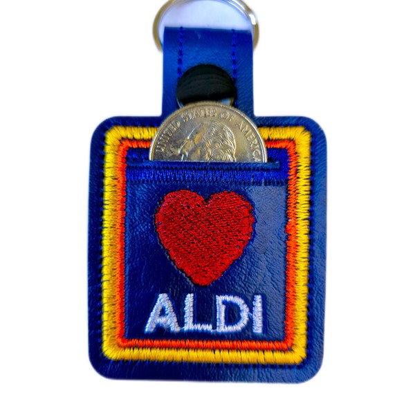 Aldi quarter holder Shopping cart keychain-Aldi key fob quarter keeper-Aldi Key Fob with Quarter holder-Embroidered Red Heart Aldi cart