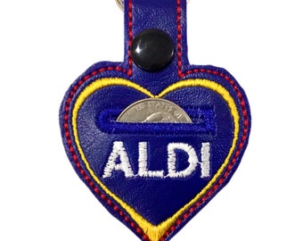 Aldi Quarter Holder Keychain: Embroidered Heart Shopping Cart Key