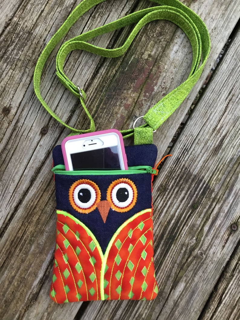 Owl embroidered small cross body bag with adjustable strap Small hipster bag. Padded smart phone pouch