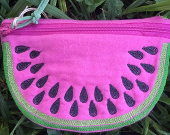 Watermelon zipper coin purse, small embroidered watermelon zipper pouch.