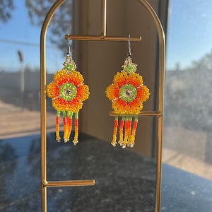 Huichol Flower dangle earrings, seed bead flower earrings, glass bead flower earrings, Mexican earrings- green, red, orange, yellow style