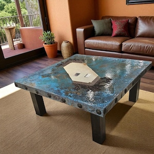 Square Oxidized Copper Coffee Table – Hand-Hammered Natural Copper Top & Iron Base – Rustic Industrial Living Room Furniture