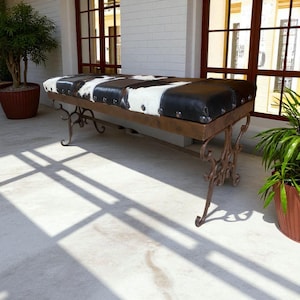 Southern Raw Cowhide and Leather Bench/Ottoman with Wrought Iron Base