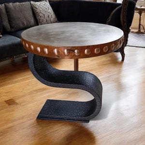24” Round Silver Nickel Copper Side Table – Sculptural “S” Metal Base with Brass Nailhead Trim – Modern Luxury Accent Table