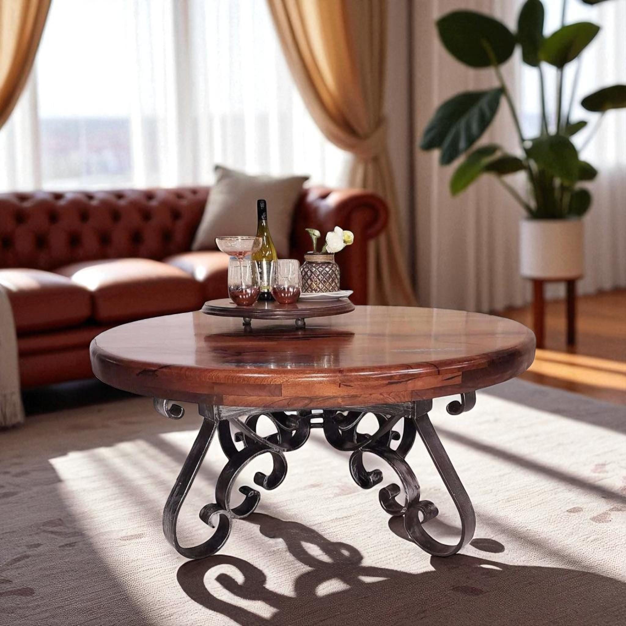 Round Mesquite Coffee Table: Rustic Wrought Iron Base