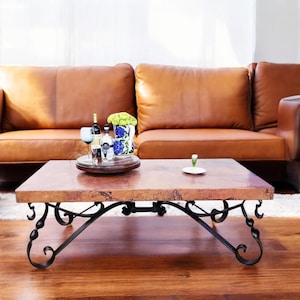 Rectangular Copper Coffee Table | Hand-Hammered Rustic Centerpiece for Southwestern & Hacienda Homes | Wrought Iron Base, Custom Patinas