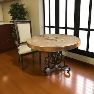 Round Copper Dining Table | Hand-Engraved Flower of Life Top & Custom Scroll Iron Base | Signature Design by Susana Molina