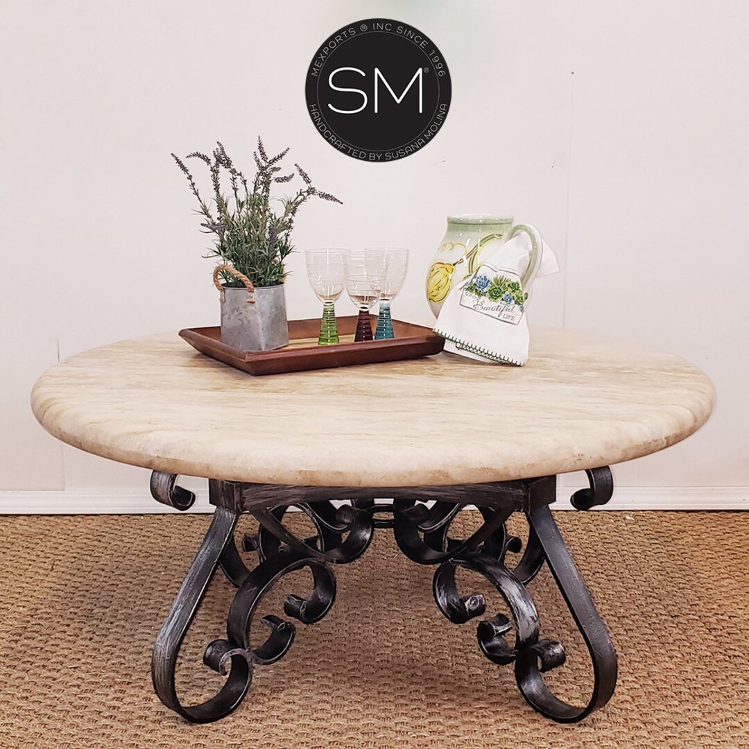 OUTDOOR TRAVERTINE Round Coffee Table With Hand Forged Wrought - Etsy