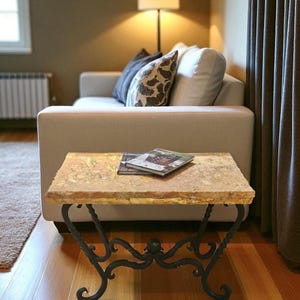 Chiseled Rectangular Peach Travertine Top Side Table: Hand-Forged Iron Base - Mexports by Susana Molina