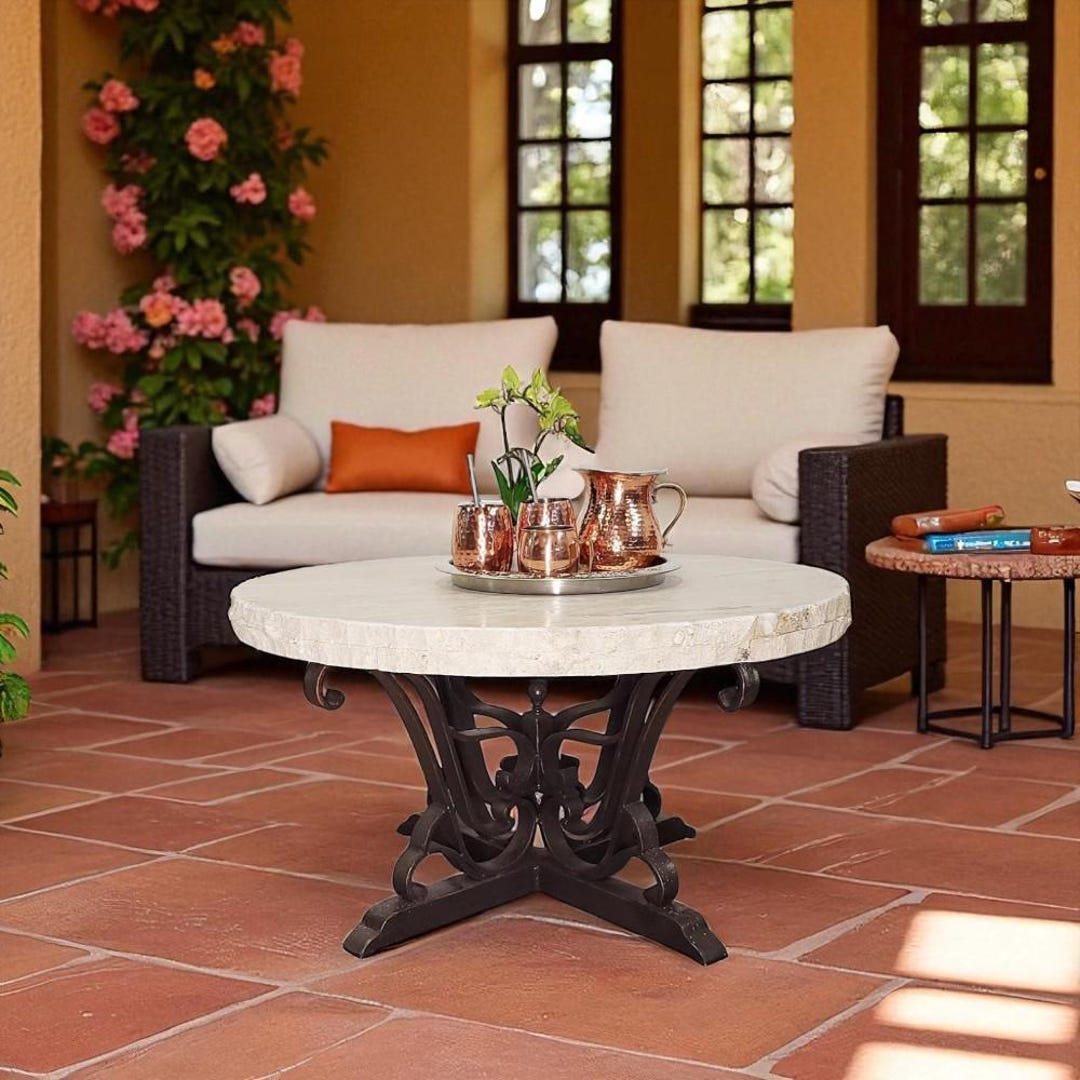 38" Round Travertine Patio Table: Hand-forged Iron Base, Cream Chiseled ...