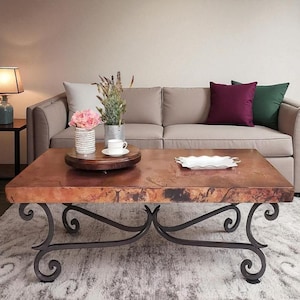 Rectangular Copper Coffee Table – Hand-Hammered Copper Top & Forged Iron Base – Rustic Southwestern Living Room Furniture