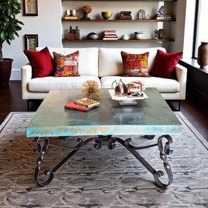 Western Contemporary 48&quot; Squared Coffee Table - Oxidized Copper and Hand-Forged Wrought Iron - Mexports by Susana Molina