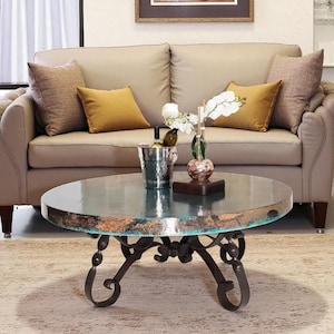 Modern Vintage Oxidized Hand Hammered Copper with Hand Forged Wrought Iron Round Coffee Table