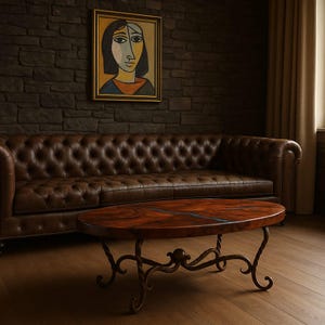 Oval Country Farmhouse Copper Coffee Table - Oxidized Touches - Hand Forged Wrought Iron Base - Susana Molina Designs