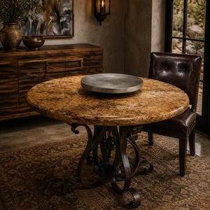 Peach Travertine Dining Table | 54" Round Bullnose Top, Scroll Wrought Iron Base