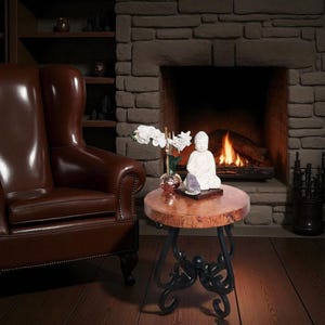 24” Round End Table with Natural Copper Top & Ornate Iron Base – Traditional Handcrafted Accent Table by Susana Molina