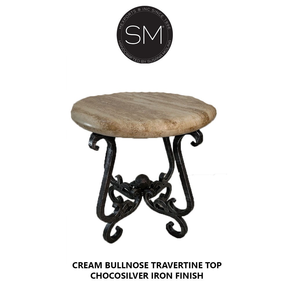 Wrought Iron Patio Furniture High End Table, Wrought Iron Travertine