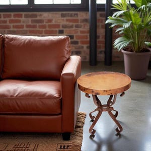 24” Round Hand-Hammered Copper Side Table | Rustic Modern Accent Table with Wrought Iron Base | Made to Order