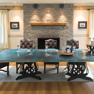 Rustic Double Pedestal Wrought Iron Dining Table with Rectangular Oxidized Hand-Hammered Copper Top