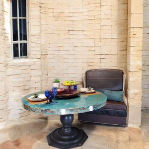 Round Dining Table with Oxidized Hammered Copper Top and Distressed Chocolate Pedestal | Rustic Farmhouse & Tuscan Style