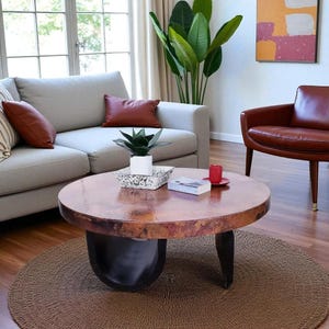 48” Round Hand-Hammered Copper Coffee Table | Rustic Modern Table with Contemporary Wrought Iron Base | Made to Order