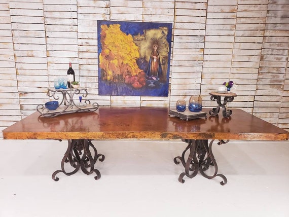Hammer Copper Double Pedestal Dining Table Luxury Modern Iron Hammer Copper Double Pedestal Dining, Iron Dining Table Base