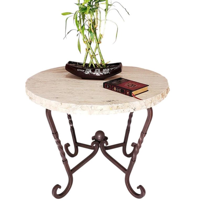 31" Cream Chiseled Travertine Foyer Table: Hand-forged Wrought Iron ...