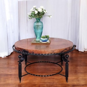 38&quot; Round Copper Coffee Table – Hand-Hammered Copper Top & Iron Base – Rustic Living Room Centerpiece