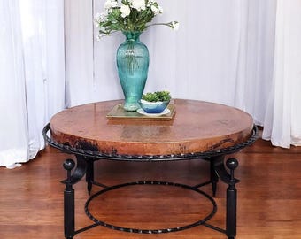 38" Round Copper Coffee Table – Hand-Hammered Copper Top & Iron Base – Rustic Living Room Centerpiece